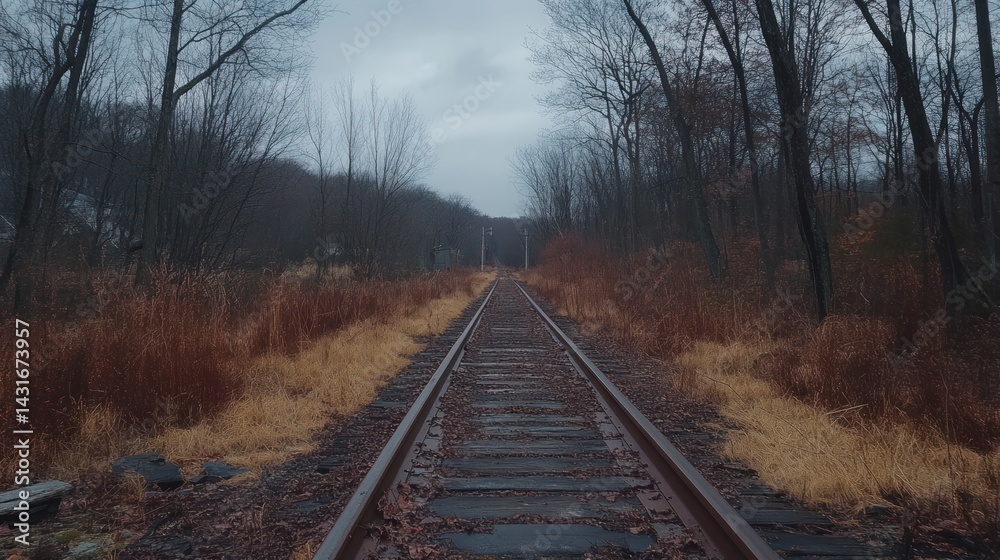 Lonely railroad tracks disappearing into a bleak, autumnal forest under a cloudy sky. Lonely railroad tracks disappearing into a bleak, autumnal forest under a cloudy sky.