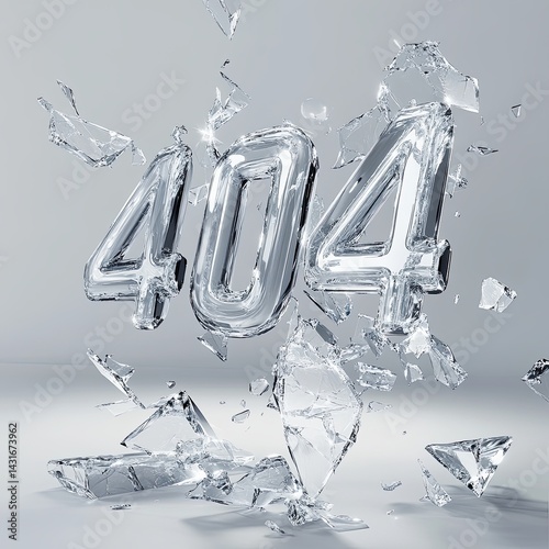 Shattered glass numbers illustrate error 404 against a light backdrop, representing broken links and issues in the digital realm, technology failure