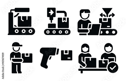 Warehouse solid icons set – flat style logistics, supply chain, and shipping symbols for inventory management: forklift, conveyor, packer, scanner, shipping box, delivery.