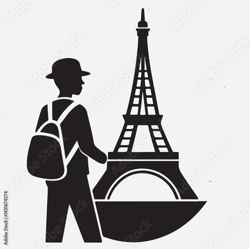 a tourist exploring the Eiffel tower in Paris silhouette vector art illustration, Eiffel tower in Paris