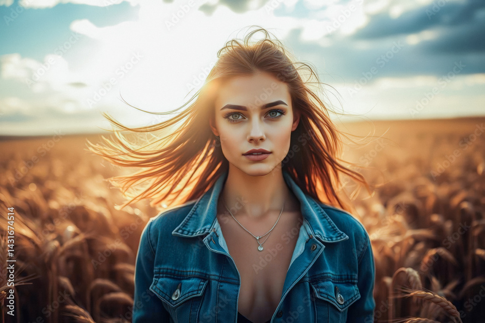 Woman in Denim Jacket in Golden Wheat Field
