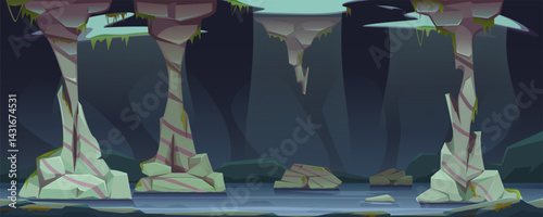 Cave with stone pillars and underground river or lake. Under the arch of the cave are openings through which sunlight and vegetation penetrate. Nature scene, landscape, environment, vector cartoon.