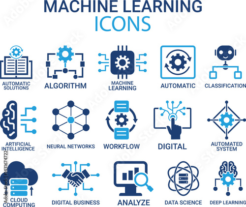 Machine learning line icons set. Vector illustration. Editable stroke. 