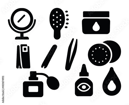 Beauty and personal care solid icons set – filled style cosmetics, grooming, and skincare symbols for daily routine: mirror, comb, lotion, lipstick, tweezers, perfume, cotton pads.