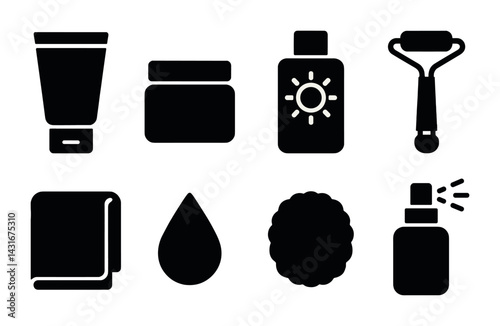 Skincare product icons set - solid style beauty and wellness symbols for self-care: cream tube, jar, sunscreen bottle, face roller, towel, drop, sponge, spray bottle.