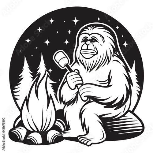 bigfoot roasting marshmallows at campfire  starry