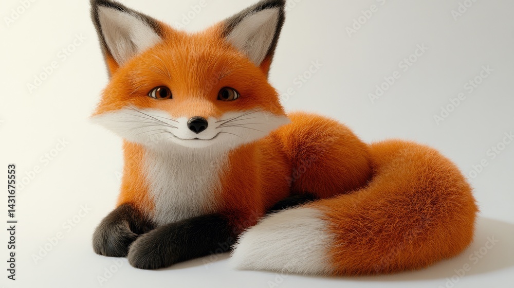 Realistic 3D red fox with an adorably plump body and oversized tail curled around its feet. Detailed fur textures and expressive eyes, isolated on a white background with bright studio lighting.