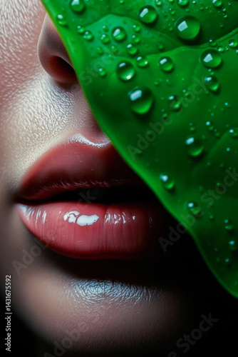 Obraz na płótnie Closeup Woman's Lips with Fresh Green Leaf w salonie