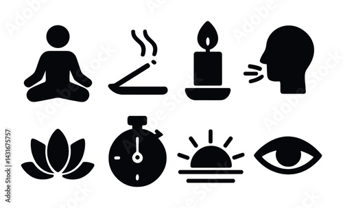 Mindfulness and meditation icon set – silhouette style wellness, relaxation, and self-care symbols for mental health: yoga pose, incense, candle, lotus, timer, sunrise, eye.
