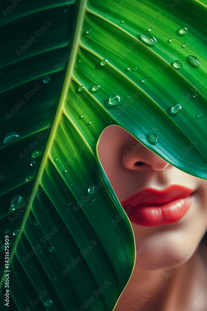 Woman's Face Hidden by a Lush Tropical Leaf