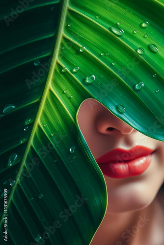 Obraz na płótnie Woman's Face Hidden by a Lush Tropical Leaf w salonie