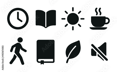 Daily routine solid icons set – flat style essentials for lifestyle, productivity, and leisure: clock, book, sun, coffee cup, walking, leaf, mute, open book.