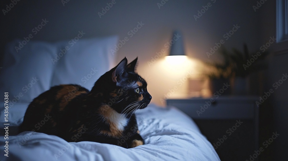Fototapeta premium tortoiseshell cat with a mix of black and amber fur rests on an unmade bed in a softly darkened room, looking weary. Copy space. tortoiseshell cat, black fur, amber patches, unmade bed, darkened 