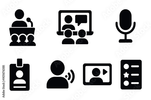 Virtual communication solid icon set – flat style conferencing, networking, and interaction symbols: speaker, video call, microphone, badge, feedback, chat, webinar.