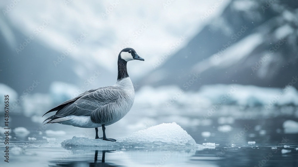 Fototapeta premium Canada Goose on Iceberg: A majestic Canada goose stands proudly on a small iceberg, its sleek plumage contrasting against the icy blue waters and misty mountains in the background.