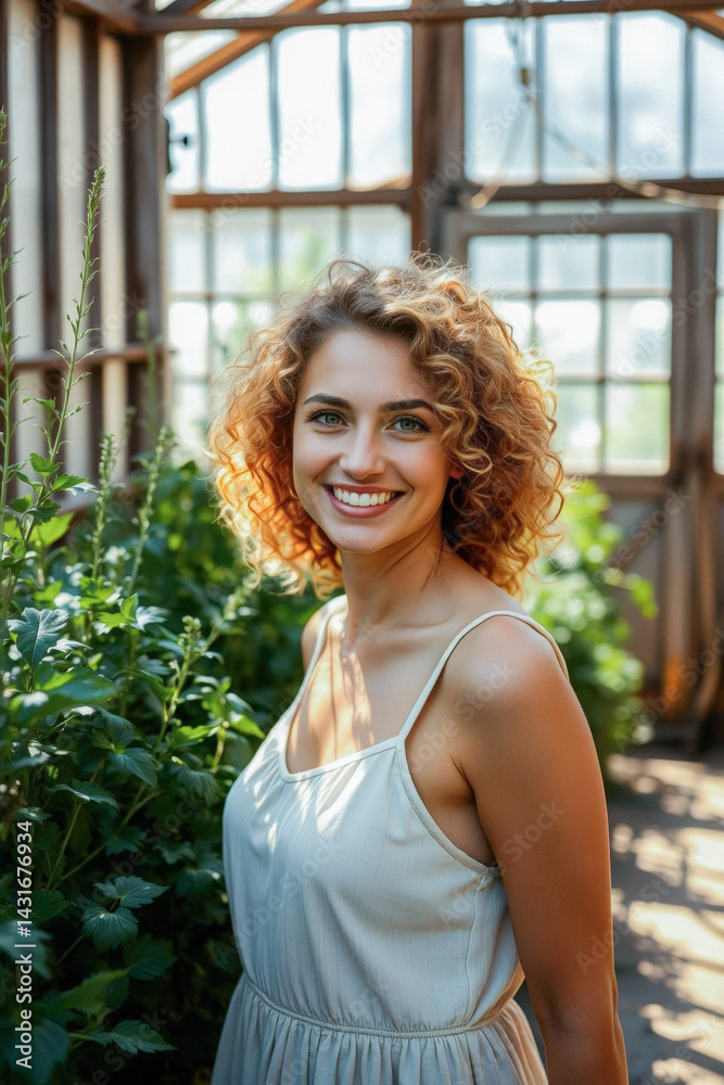 Smiling Woman in a Greenhouse Garden