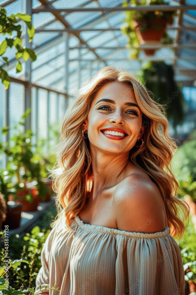Smiling Woman in Greenhouse with Plants