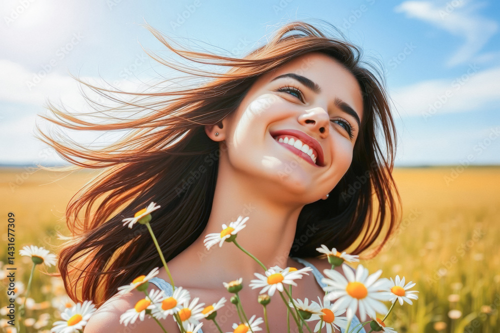 Smiling Woman in a Field of Daisies