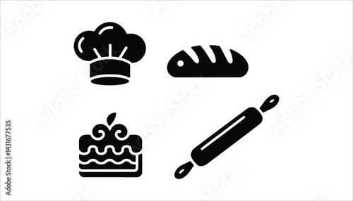 Bakery icon set with bread, rolling pin, cake, and chef hat