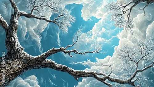 View from the ground looking up at tree branches, view of a blue sky with white clouds,