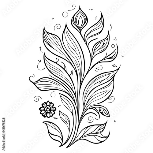 Delicate botanical illustration featuring intricately drawn floral elements in black and white
