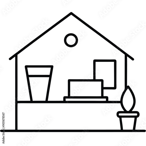 Modern Home Office Workspace Icon with Laptop and Plant