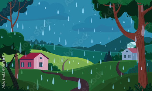 Rainy countryside landscape with fields, distant mountains, and charming village houses. Moody overcast sky, lush trees, and serene atmosphere. Perfect for nature themes, travel blogs, rustic design.