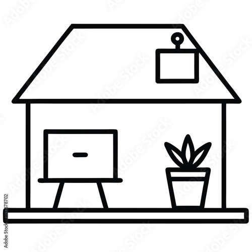 Home Office Icon with Desk Laptop and Plant Setup