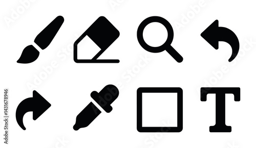 Graphic design tools icons set – solid style for creative projects: paintbrush, eraser, magnifying glass, undo, redo, eyedropper, square, text