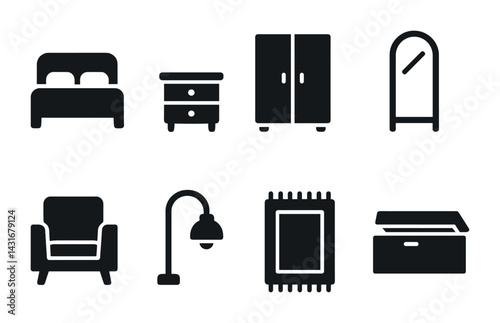 Home furniture solid icons set – filled style interior design, decor, and household symbols: bed, wardrobe, nightstand, mirror, armchair, lamp, rug, chest.