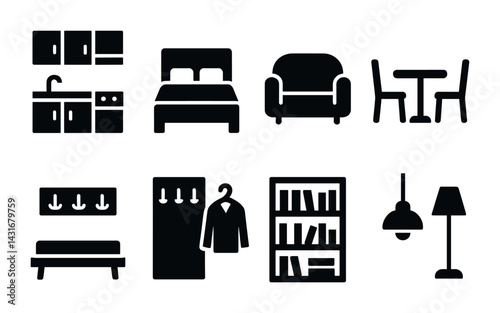 Home furniture silhouette icon set – solid style interior design and decor symbols: bed, sofa, table, wardrobe, bookshelf, kitchen, lamp, chair.