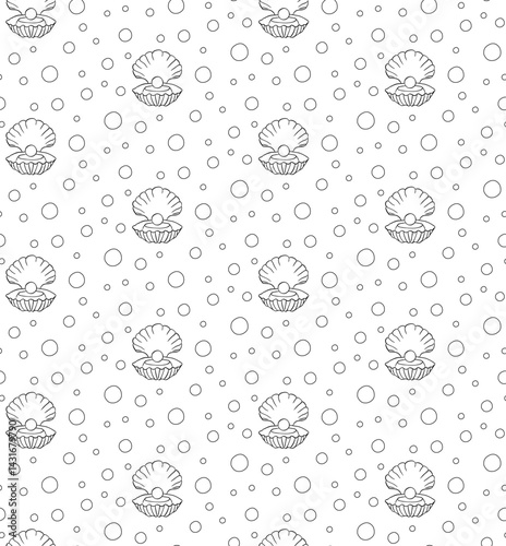 Pearl shell seamless pattern background. Vector graphic line ink Design for package, cosmetic, textile, cards. Banner, poster, wrapping paper, sticker, print, modern textile design.