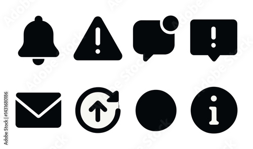 Notification and alert icon set – solid style symbols for communication and updates: bell, warning, message, alert, mail, refresh, notification, info.