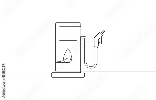 Refueling gas gun dispenser single continuous line art. Petrol industry business car diesel pump refuel headline, Gasoline pistol isolated on white background. One line continuous gasoline pistol art.