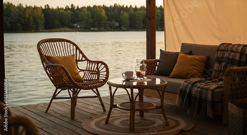 Rattan Chair and Table by Lake