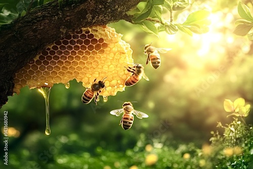 Four bees busily working on honeycomb hanging from a tree branch, dripping golden honey, illuminated by sunlight against a vibrant green background