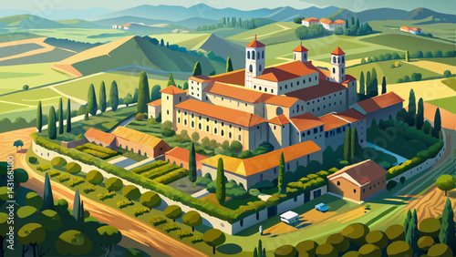 Very beautiful Charterhouse in Tuscany countryside, aerial view