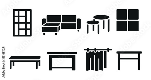 Modern furniture silhouette icon set – solid style home decor, interior design, and living space symbols: sofa, table, window, curtain, chair, bookshelf, coffee table