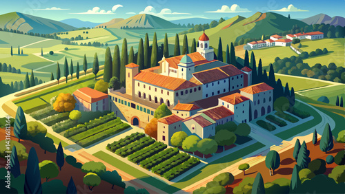 Very beautiful Charterhouse in Tuscany countryside, aerial view