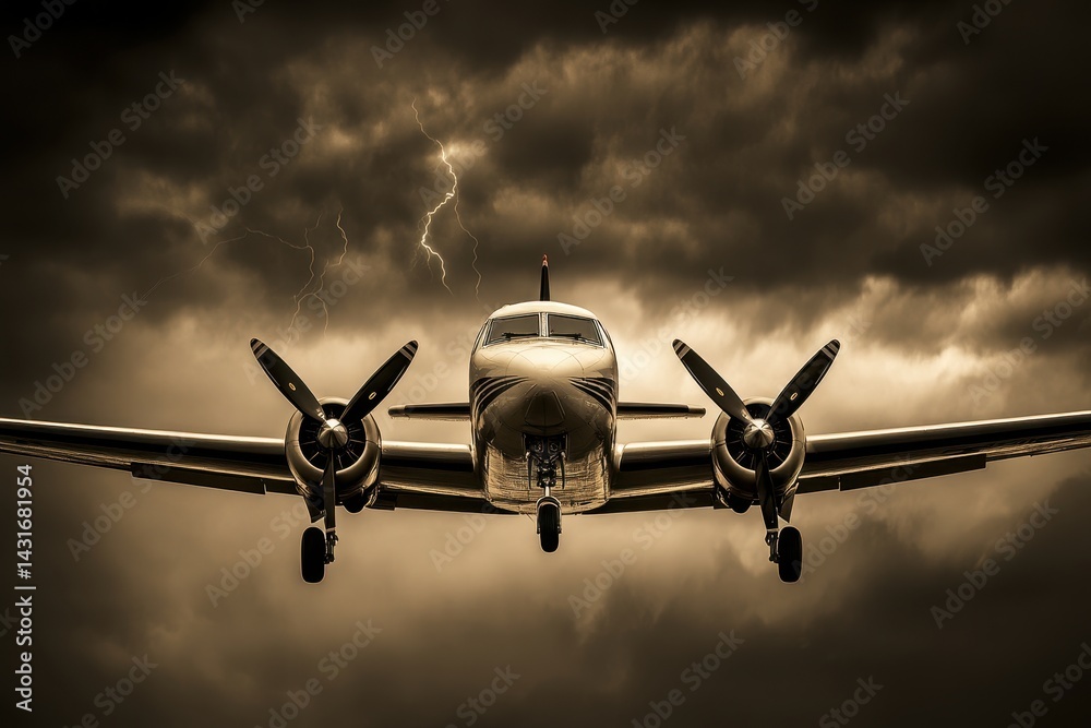 Fototapeta premium Vintage Aircraft in Dramatic Sky with Lightning and Dark Clouds
