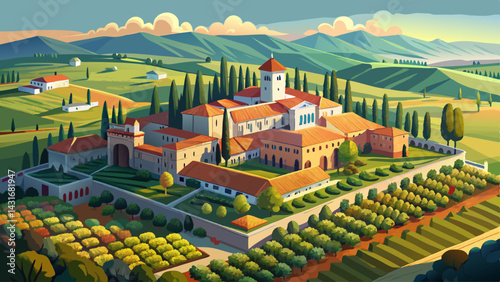 Very beautiful Charterhouse in Tuscany countryside, aerial view
