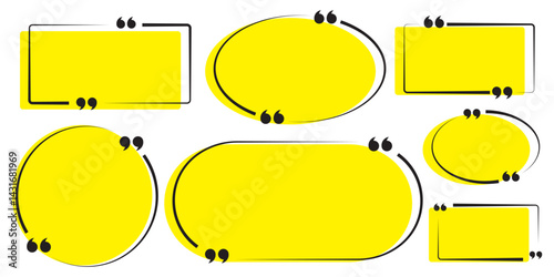 Collection of Yellow quote box frames and icons. Empty speech and quote bubbles. Yellow Quote box frame set. Blank quote boxes for text. Yellow Quotation bubble. Yellow Quote text in speech bubble.