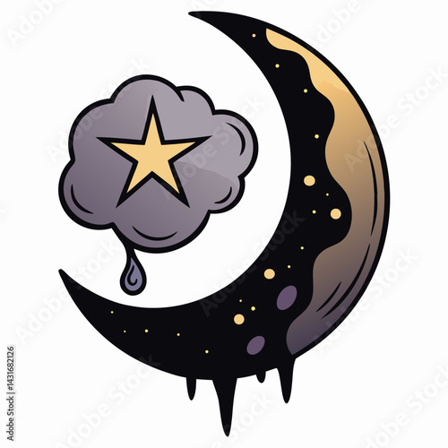Crescent Moon, Star, Cloud Drip Art
