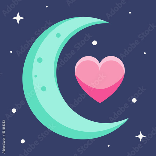 Crescent Moon and Heart Night Sky Illustration