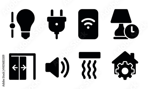 Home automation solid icons set – silhouette style smart living, iot, and connectivity symbols for smart home projects: dimmer, bulb, plug, wifi, lamp, speaker, hvac, home gear.