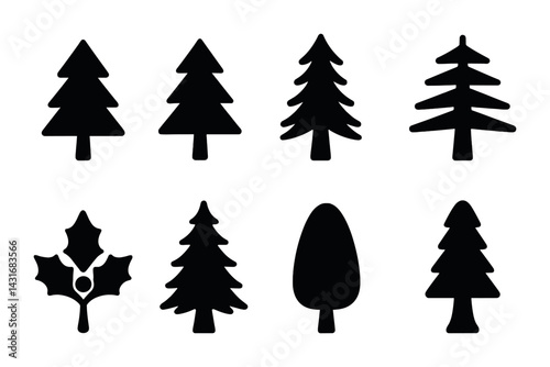 Nature and forest silhouette icons – solid style for wilderness, outdoors, and woodland: pine tree, spruce, fir, deciduous tree, holly, evergreen, conifer