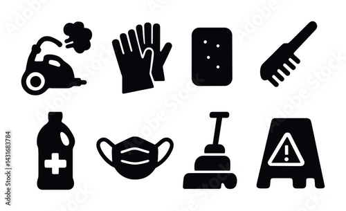 Cleaning and sanitization solid icons set – flat style hygiene, disinfection, and maintenance symbols for a safe environment: steam cleaner, gloves, sponge, broom, disinfectant bottle, face mask,