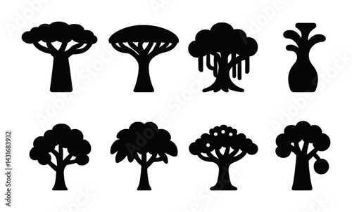 Exotic tree silhouette icon set - flat style nature and plant symbols for botany projects: baobab, dragon tree, willow, palm, maple, pine, olive, bonsai.