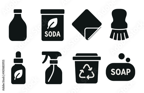 Eco-friendly household cleaning icon set – solid style for green living and sustainability design: detergent, baking soda, cloth, brush, essential oil, spray bottle, recycling bin, soap.