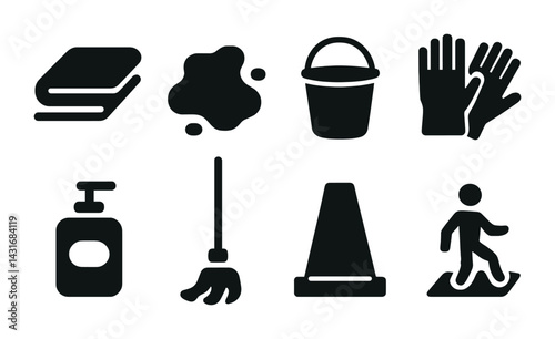 Cleaning and hygiene solid icons set – flat style sanitation, cleanliness, and safety symbols for housekeeping and maintenance: book, dust, bucket, gloves, soap, mop, cone, pedestrian.